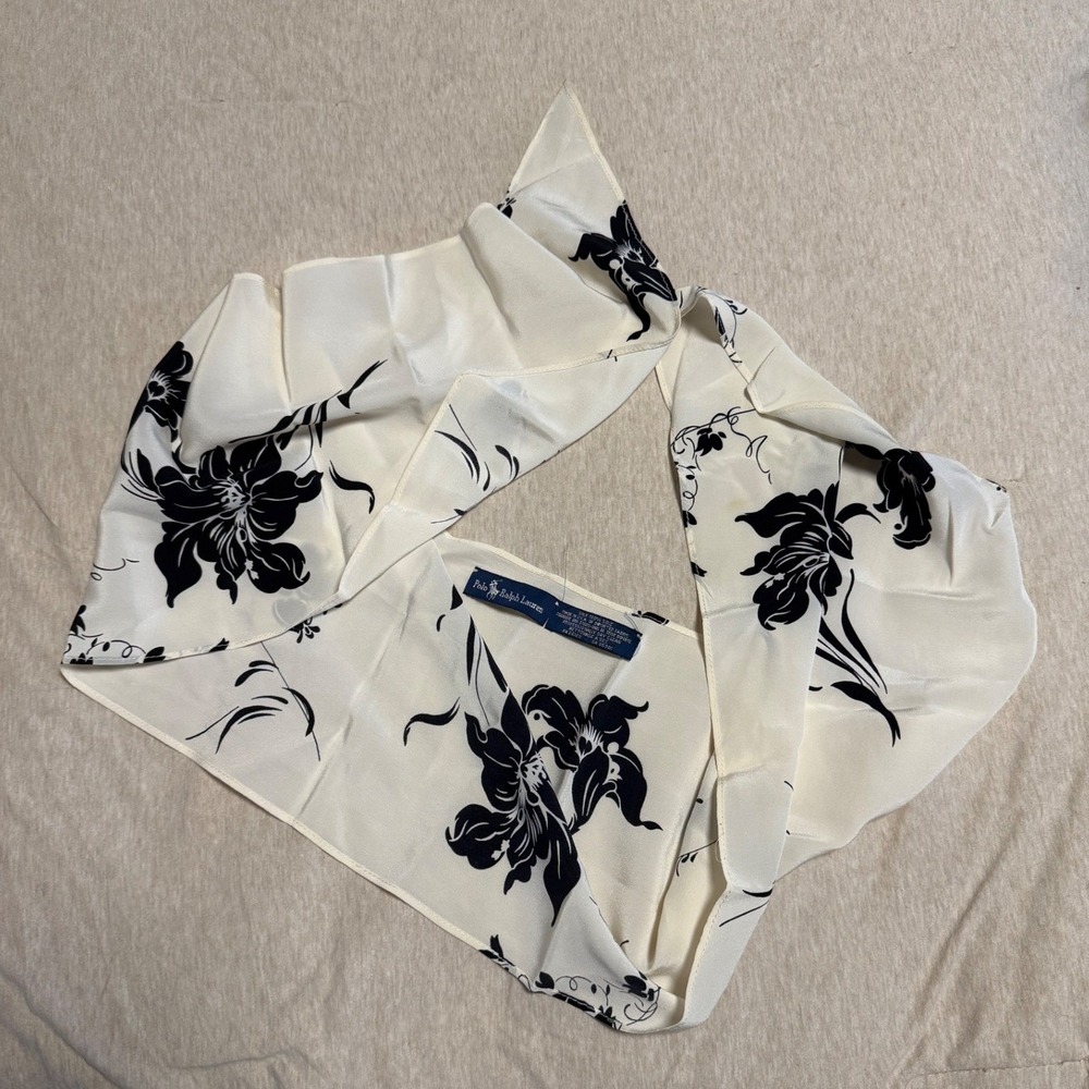 Vintage Polo Ralph Lauren 100% Silk Scarf Ivory Black Floral Print - Picture 2 of 3